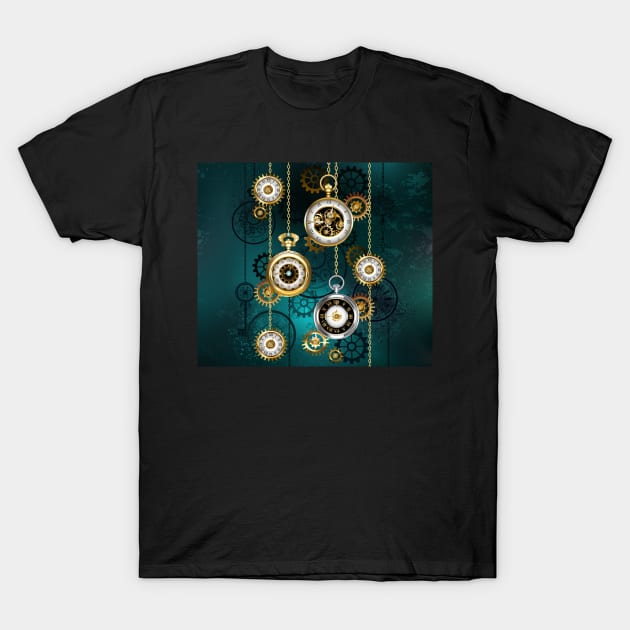 Steampunk Watch with Chains on Green Background T-Shirt by Blackmoon9